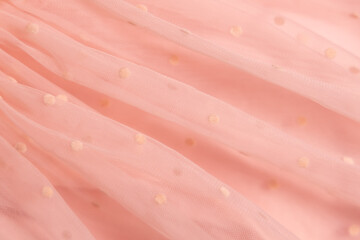 Tulle fabric texture background, textile pattern, pink polka dot on tulle, copy space