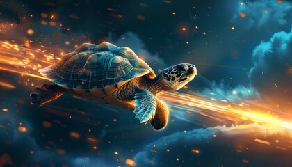 A turtle flies into the sky, a high-speed Internet connection and fast computer computing performance. - obrazy, fototapety, plakaty
