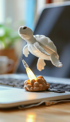 A turtle flies into the sky, a high-speed Internet connection and fast computer computing performance.