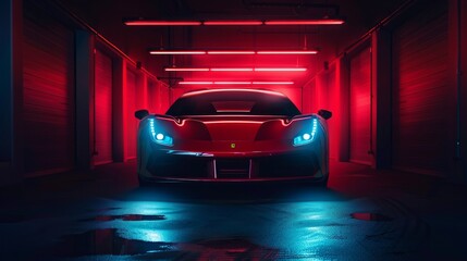 car was parked in a dark garage,supercar,A strip of light spread over the car,close-up,front view,diagonal composition,up view - obrazy, fototapety, plakaty