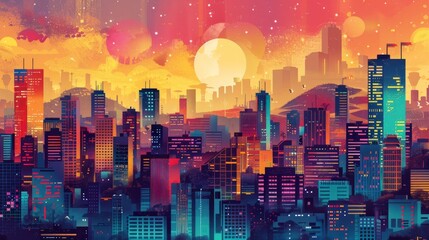 colorful skyline of a  city, twilight hours, retro art style