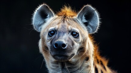 a spotted hyena close-up portrait looking direct in camera with low-light, black backdrop 