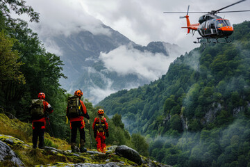 Team of rescuers in orange uniforms walks through a rugged terrain with a helicopter hovering nearby during a mountain rescue operation.