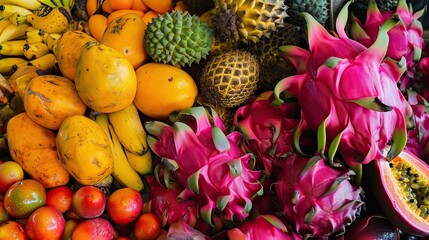 Fruits of fruits. Vitamins, banana, lemon, tangerine, avocado, passion fruit, persimmon, benefits, health, dragon fruit, grapes, mango, strawberry, pineapple. Generated by AI - obrazy, fototapety, plakaty