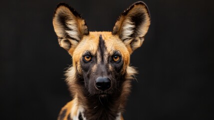 an african wild dog close-up portrait looking direct in camera with low-light, black backdrop. Painted Wolf dog