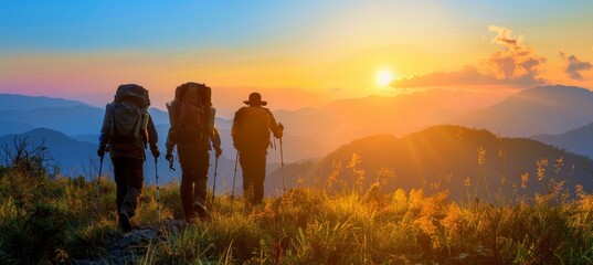 Group hiking in mountains at sunset, exploring nature on summer journey, active hikers together - obrazy, fototapety, plakaty