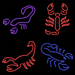 scorpion group of neon icons, vector illustration on black background.