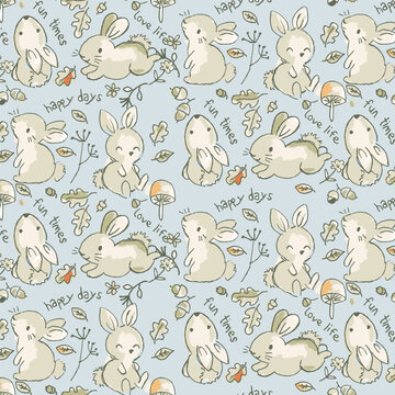 Seamless pattern with cute rabbits, flower and leaves typography. Hand Drawn vector illustration.