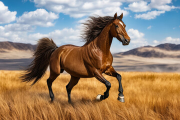 Obraz na płótnie Canvas Painting of horse running through field with high grass.