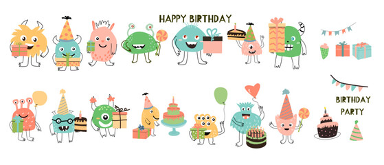 Cute monster characters for anniversary card big set