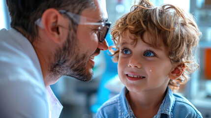 Male ophthalmologist checks the eyesight of a preschooler boy for an annual examination