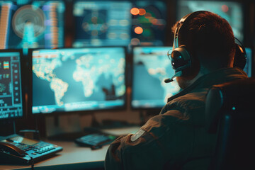 Air traffic controller is focused on navigation system displays, tracking and guiding aircraft from control center. Military dispatcher at work, coordinating aircraft flights - obrazy, fototapety, plakaty