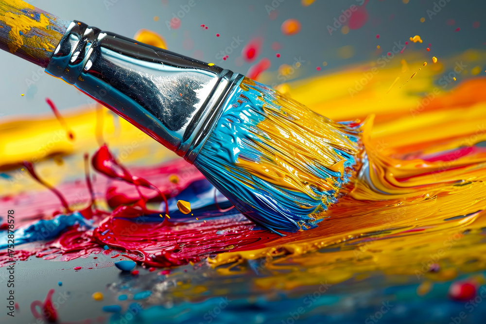 Sticker Brush with multiple colored bristles is in front of colorful background that matches the many colors on the brush.