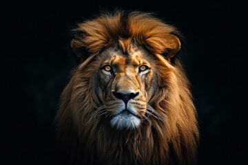 Close up of lion's face with its eyes wide open and its mane fully grown out.