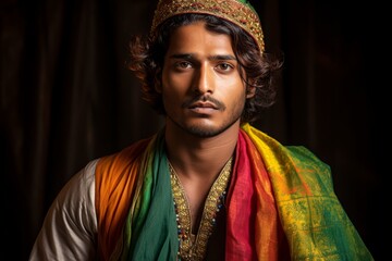 A Kshatriya young man in traditional Indian attire, donning a colorful sherwani or kurta with a dhoti or churidar, exuding confidence and strength befitting his Kshatriya lineage - obrazy, fototapety, plakaty