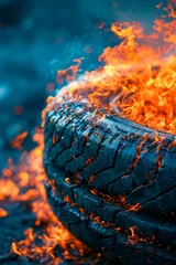 Foto op Plexiglas Tire is on fire and is surrounded by flames. © valentyn640