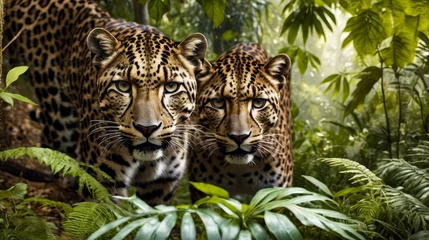  Two leopards are sitting in jungle with green plants around them. © valentyn640