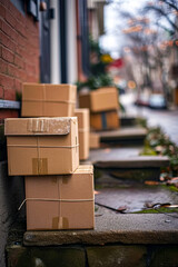 Several packages are sitting on curb next to building. - obrazy, fototapety, plakaty