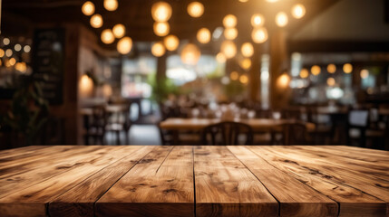 Wooden table is surrounded by chairs in restaurant setting with lights above.