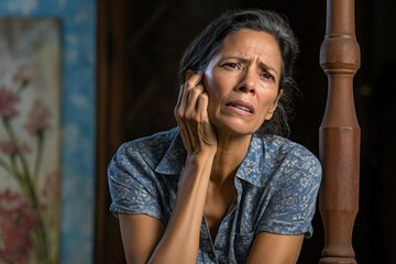 Photo of a middle-aged woman, around 50 years old, of Latin American ethnicity, experiencing severe toothache, waiting for a doctor's call at home