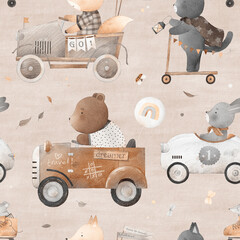Seamless pattern cars with animals. Watercolor Background. Vintage cars. Beautiful pattern for a child's room. Vintage background.