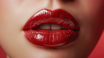 Obraz premium Close-up of glossy red lips, makeup and beauty concept