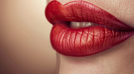 Macro photography of full red lips, textured makeup concept