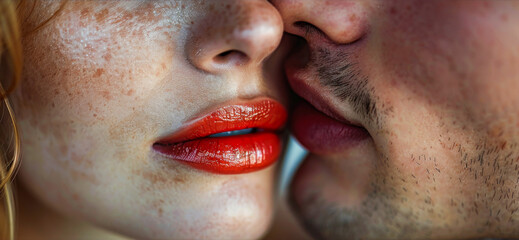 Macro shot of a couple's lips almost touching - obrazy, fototapety, plakaty