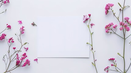 mockup card with plants. invitation card with environment and details Mockup with postcard and flowers on white background. card and lilac. ink pen, ink, stamp pink flowers with copy space