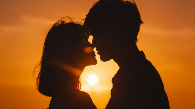 Silhouette of a couple in a romantic sunset embrace