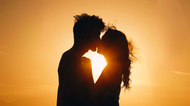 Couple's silhouette kissing against a golden sunset