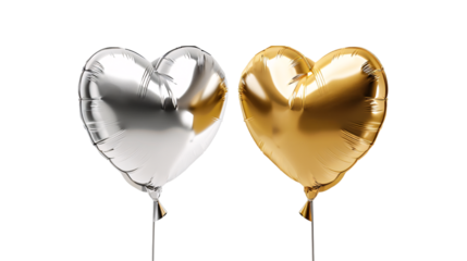 Two silver and gold inflated heart shaped foil party balloons on an isolated background 