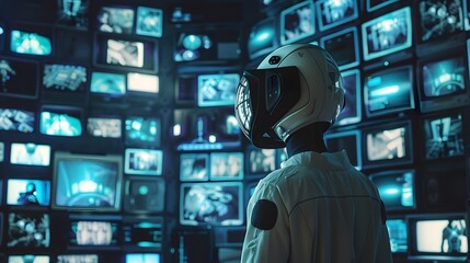 Man in Helmet Standing in Front of Televisions in Futuristic Sci-Fi Aesthetic, To convey a sense of modern, high-tech innovation and control in a