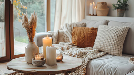 Modern boho interior of living room in cozy apartment. Simple cozy living room interior with light gray sofa, decorative pillows, wooden table with candles and natural decorations - obrazy, fototapety, plakaty