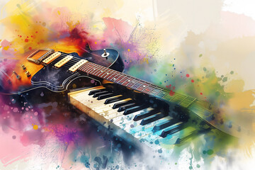 Abstract distressed watercolour painting of an acoustic guitar and electric piano keyboard synthesiser for a music poster or flyer, stock illustration image