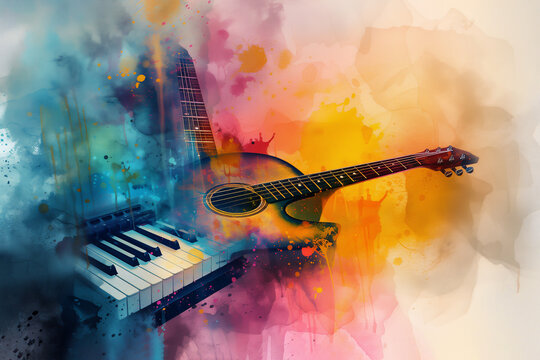 Abstract distressed watercolour painting of an acoustic guitar and electric piano keyboard synthesiser for a music poster or flyer, stock illustration image