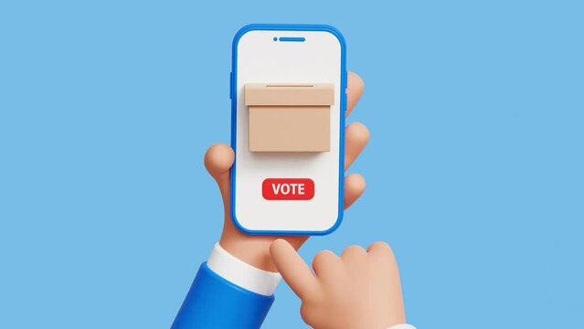 Modern electronic voting system for election. 3D hand holding smartphone with voting app on the screen. Voting online, e-voting, election internet system concept. 4k 3d loop animation