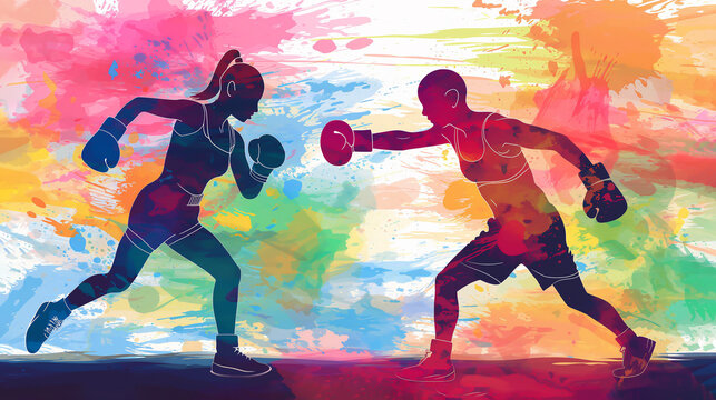 Abstract illustration of female boxers wearing boxing gloves exercising their punching technique for a championship match in a canvas ring, stock illustration image