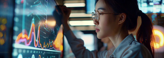 A businesswoman analyzes complex financial graphs on a high-tech digital screen, reflecting the dynamic world of data