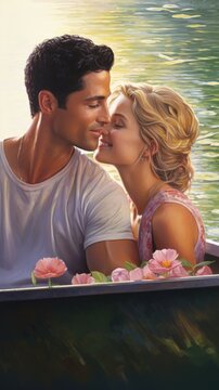 A painting capturing a tender moment between a man and woman as they share a kiss while in a boat.