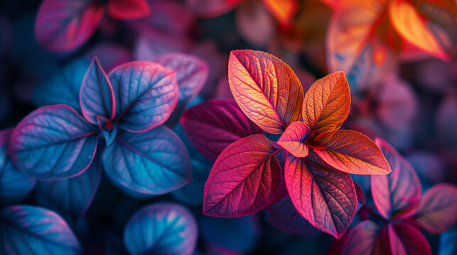 A stunning close-up image showcasing the intricate patterns and vibrant contrast of red and blue leaves for a desktop wallpaper.