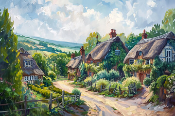 Oil painting of an old fashioned quintessential English country village in a rural landscape setting with an Elizabethan Tudor thatched cottage, stock illustration image