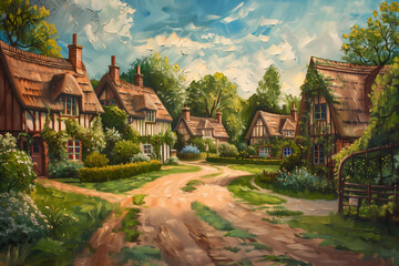 Oil painting of an old fashioned quintessential English country village in a rural landscape setting with an Elizabethan Tudor thatched cottage, stock illustration image - obrazy, fototapety, plakaty