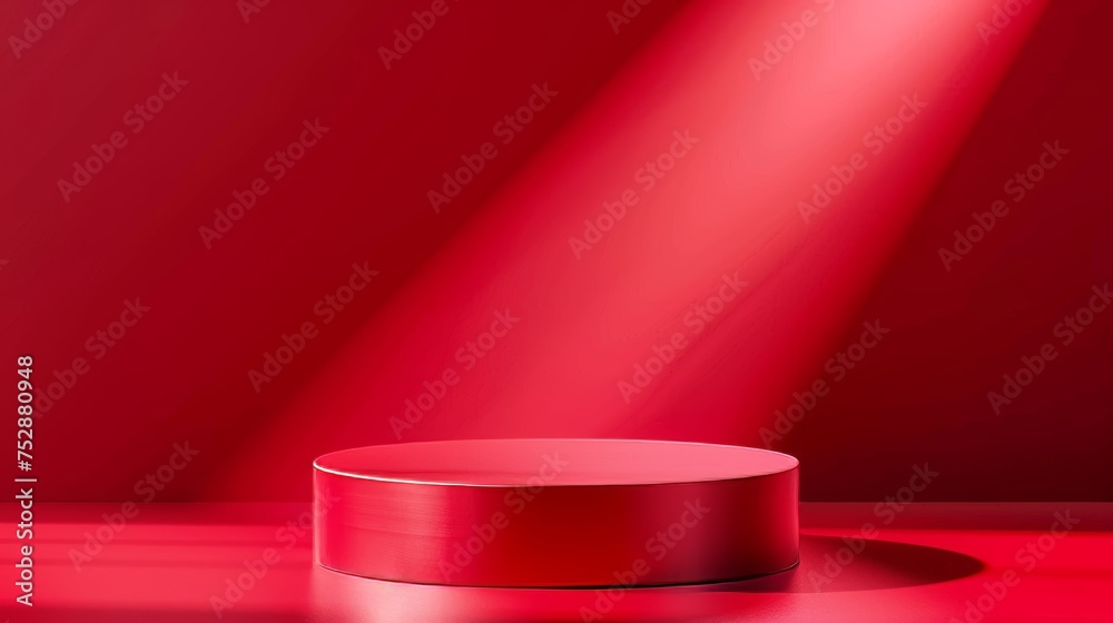 Wall mural red podium on light stage platform for product display with spotlight on abstract background