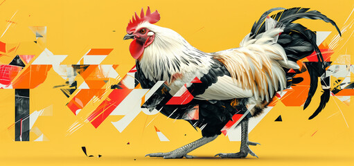 Dynamic rooster on abstract geometric background: vivid image of a cock against a modern, abstract background in striking orange hues - obrazy, fototapety, plakaty