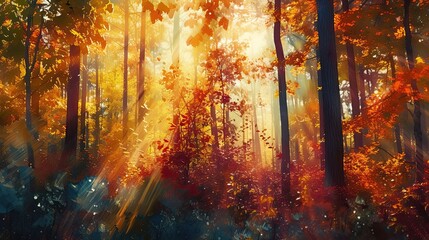 Autumn forest landscape. Foliage, rain, berries, clearing, nature, moss, rays, melancholy, sun, light, harvest, mushrooms, yellow, red, fallen leaves, fog. Generated by AI