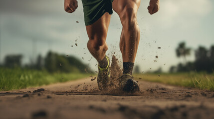 water splashes from under its running shoes men athlete running marathon. Trail running athlete crossing the dirty puddle in the forest - obrazy, fototapety, plakaty