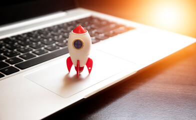 content marketing , business innovation , strat up idea , space rocket on computer with creativity...