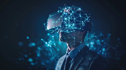 smart caucasian businessman double exposure with virtual reality screen connecting line smart technology ideas concept 