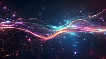 Abstract background with pink and blue glowing neon lines and bokeh lights, including a waving particle technology design. Concept of data transfer. 3D render of an abstract background with flowing 